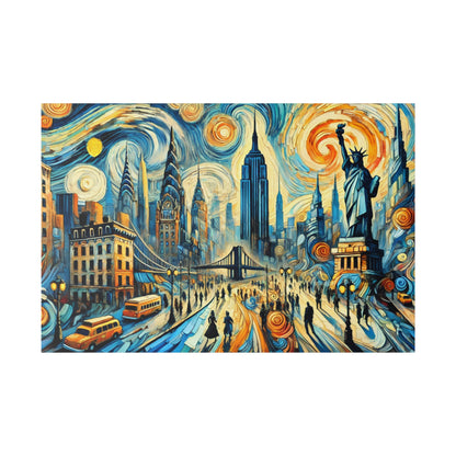 Vibrant painting of a city skyline with swirling blue and gold sky, Statue of Liberty, Empire State Building, and bridge.