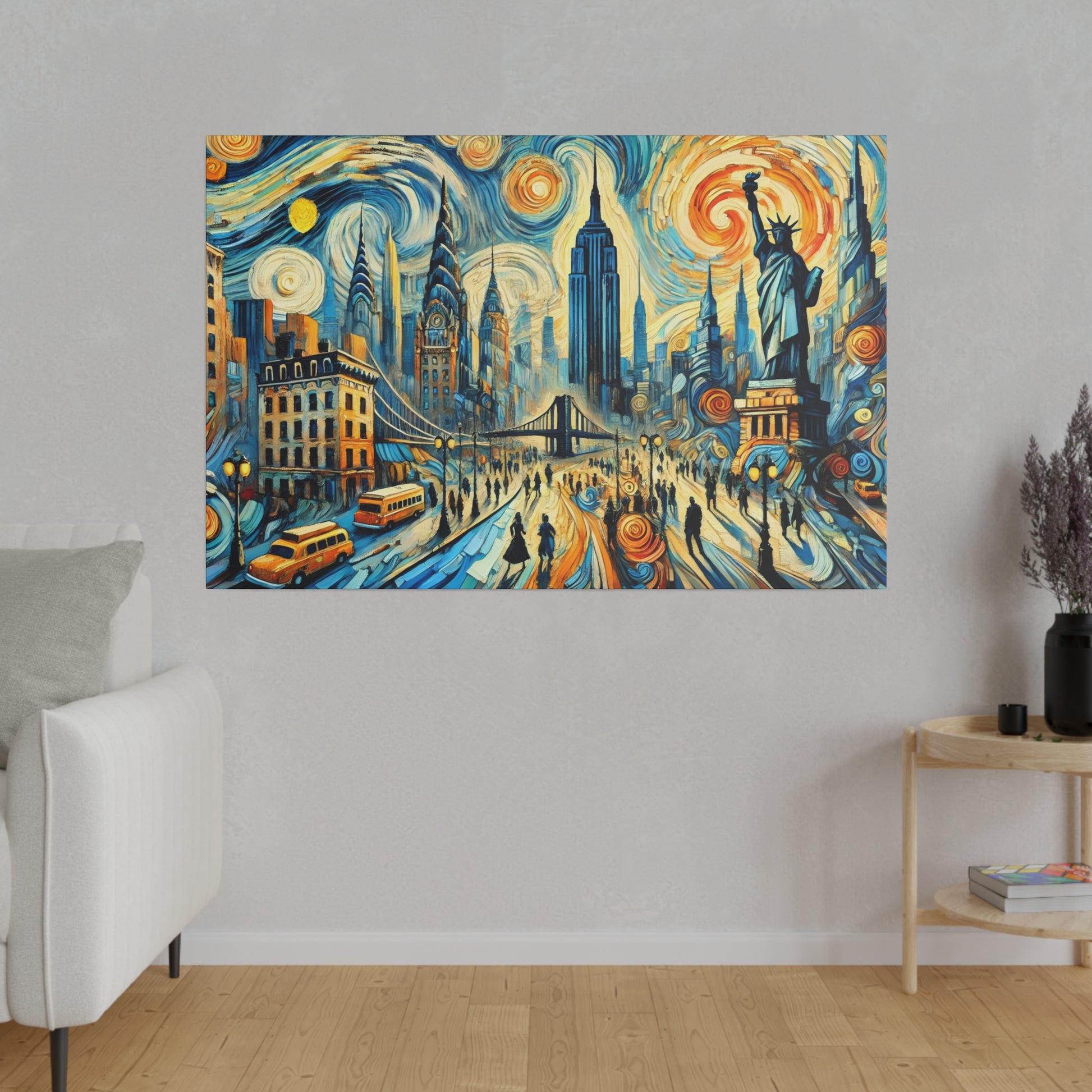 Colorful urban painting of a cityscape with skyscrapers, a bridge, yellow taxis, and the Statue of Liberty against swirling skies.
